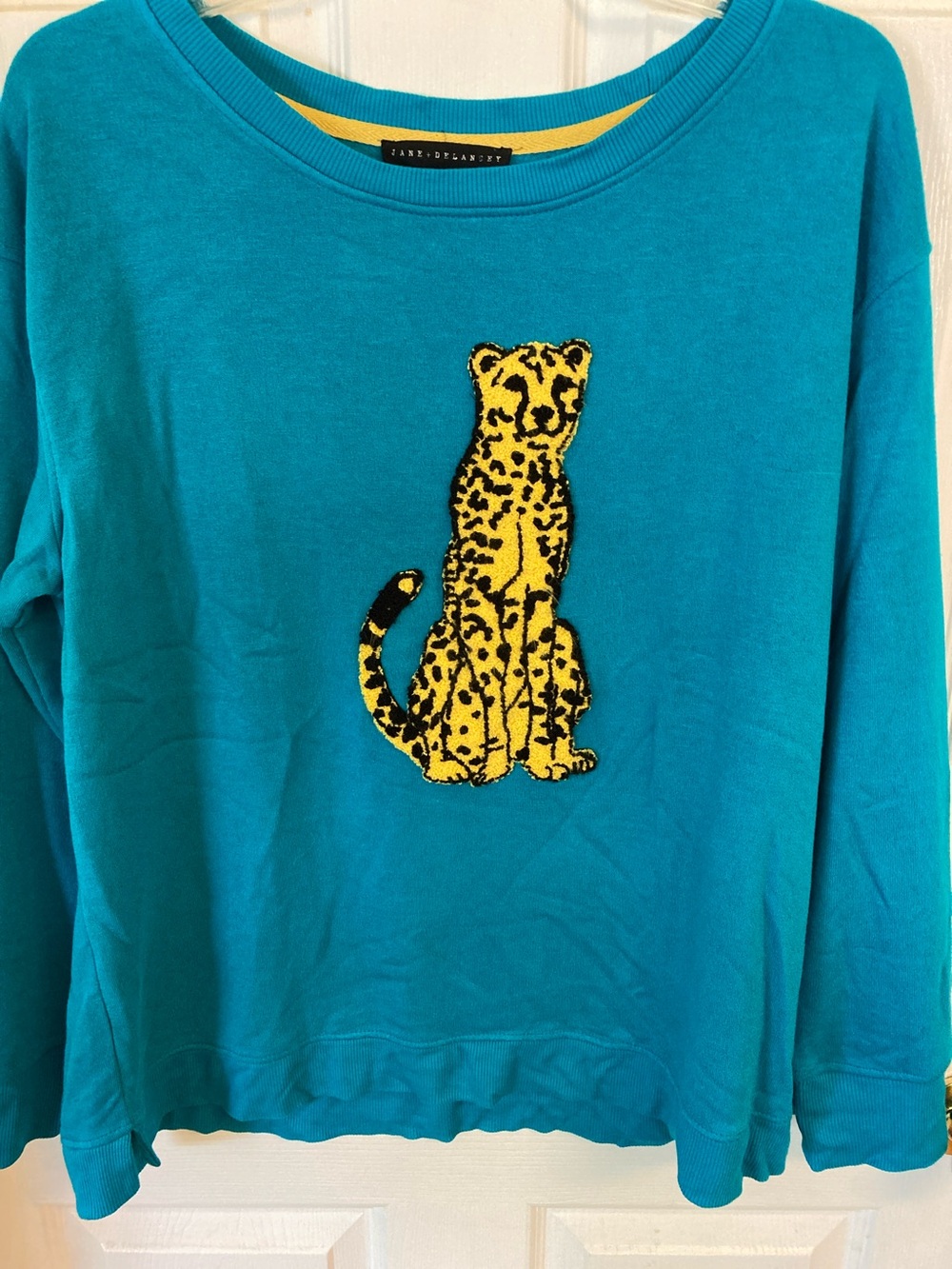 Jane & Delancey Turquoise Sweater with Leopard Appliqué